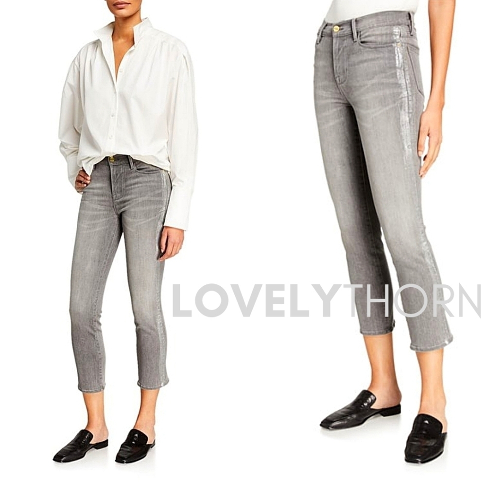 FRAME // le high straight leg foil tuxedo stripe crop grey jeans - Picture 9 of 16